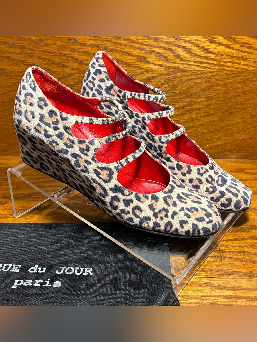 Rue du Jour Paris ITALY MADE Leopard Print Suede Triple Strap Wedges EU38 US8